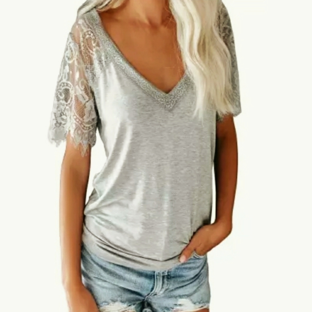 ANGEL Wings Gypsy Grey Lace Sleeve V Neck Tee NWT